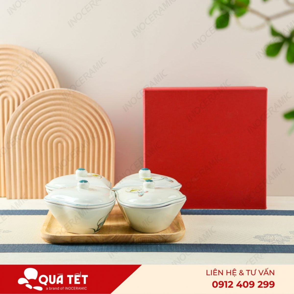 Bộ khay hũ mứt trái tim 4 món hoa Sen Xanh Điểm Hồng