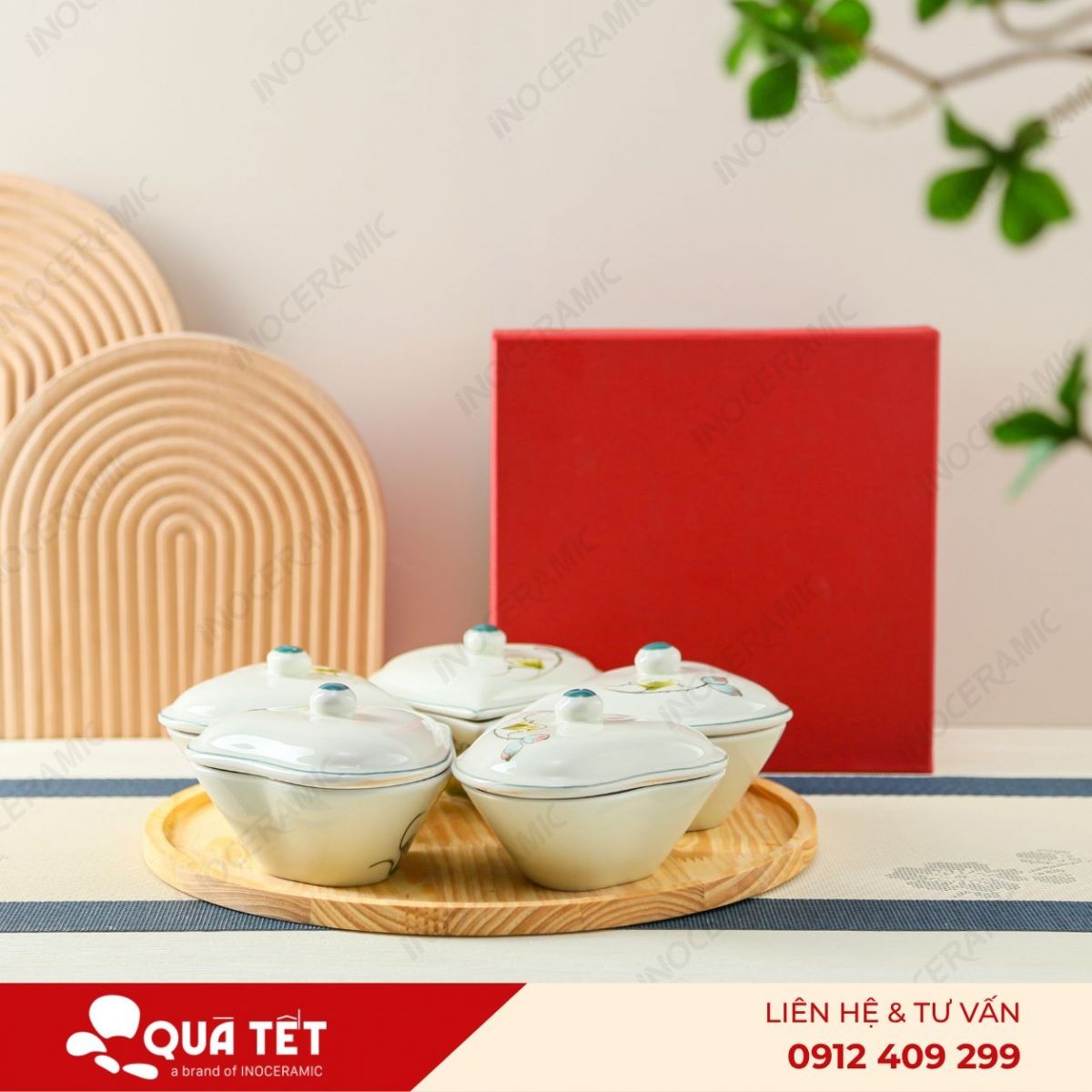 Bộ khay hũ mứt trái tim 5 món hoa Sen Xanh Điểm Hồng