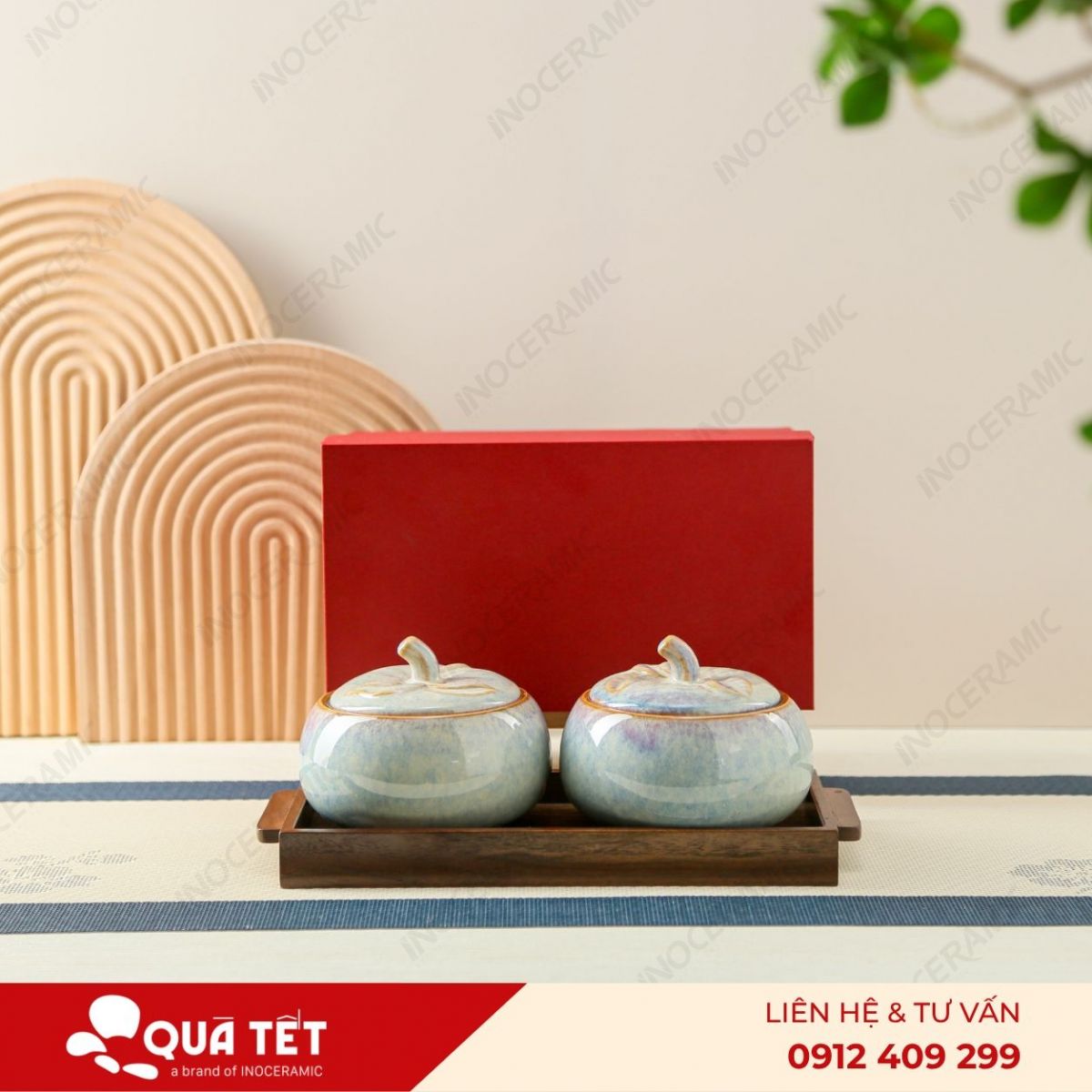 Bộ khay hũ mứt quả hồng 2 món men ngọc trai hoả biến