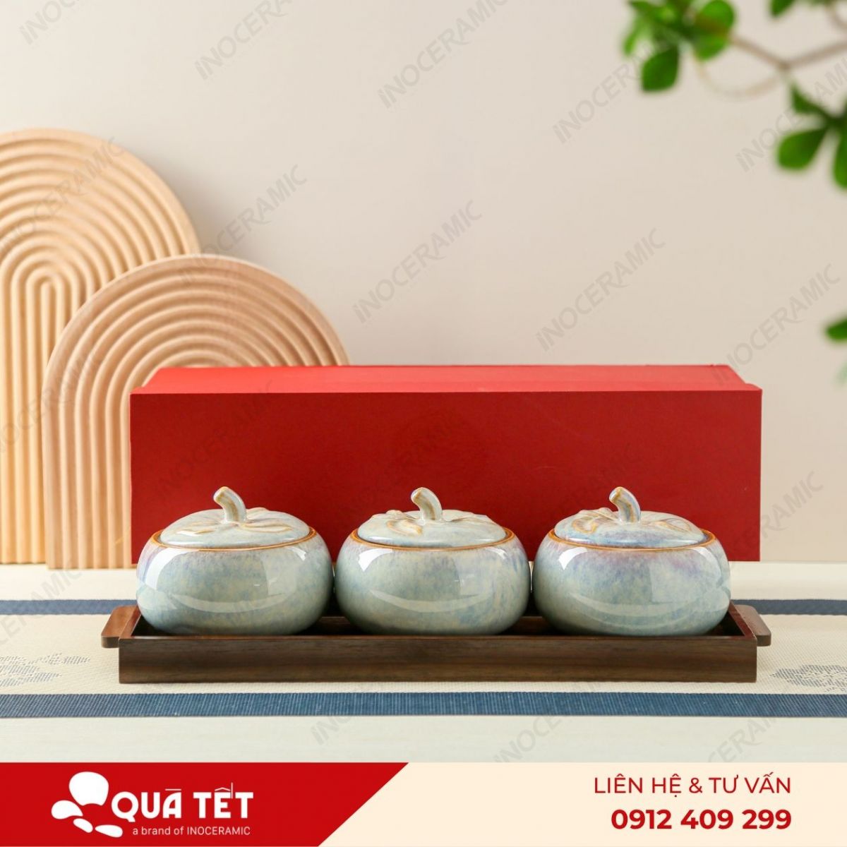 Bộ khay hũ mứt quả hồng 3 món men ngọc trai hoả biến