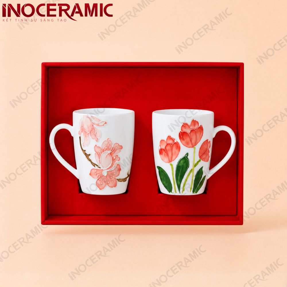 Giftset 2 ly sứ Hoa Xuân Hồng Thắm