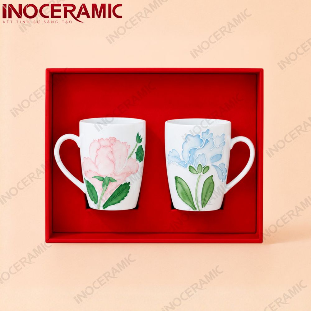 Giftset 2 ly sứ Mẫu Đơn Song Sắc