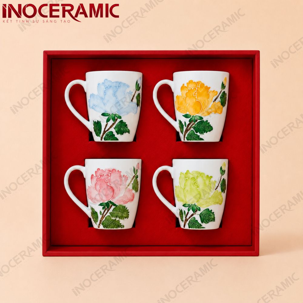 Giftset 4 ly sứ Mẫu Đơn Tứ Sắc