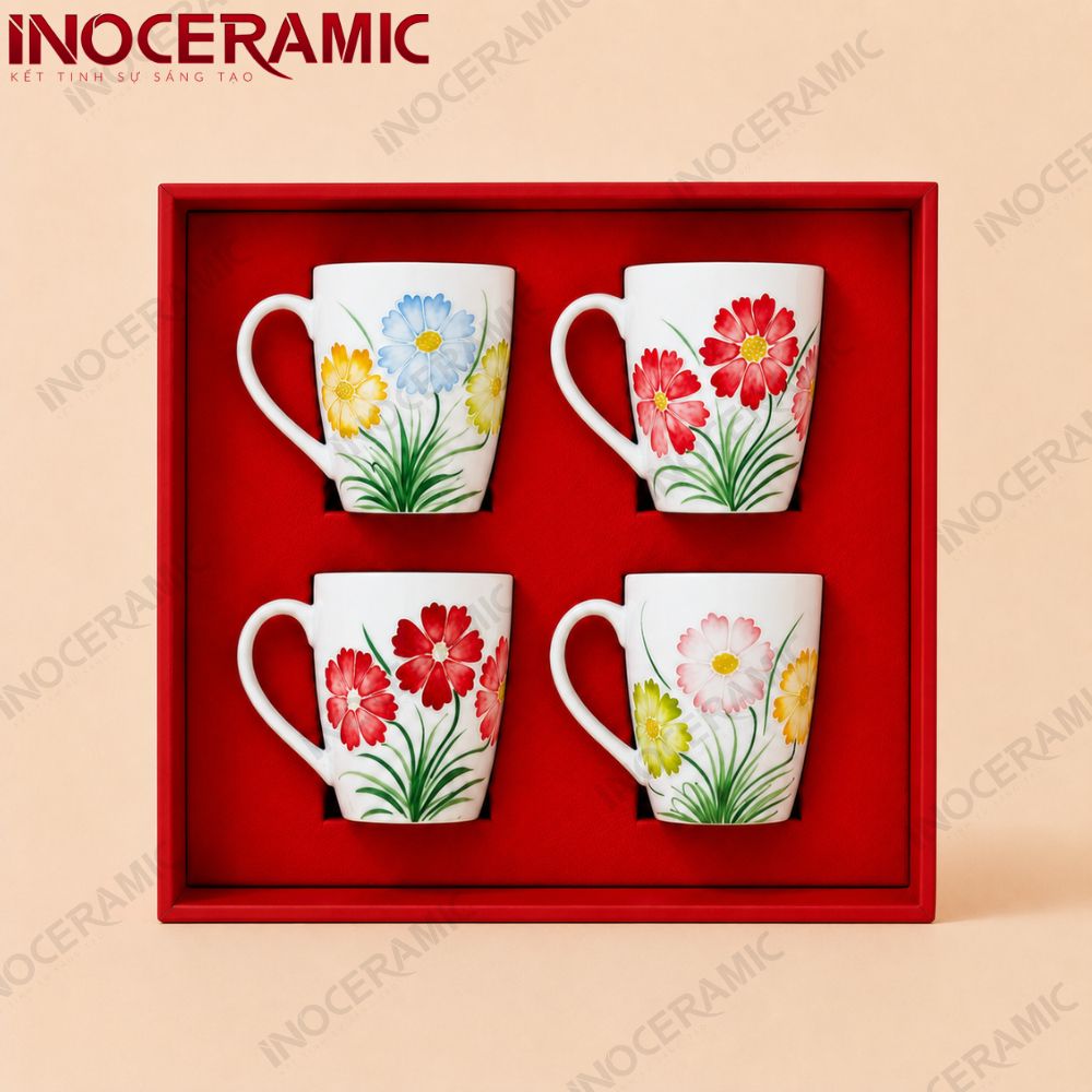 Giftset 4 ly sứ Vườn Cúc Rực Rỡ