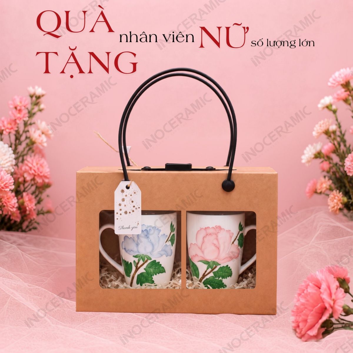 Giftset ly sứ Mẫu Đơn Lam Hồng - Quà Tặng Phụ Nữ