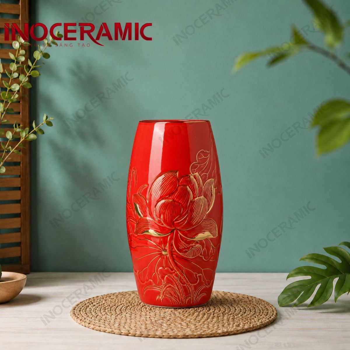 Lọ bom men đỏ sen đại kẻ vàng
