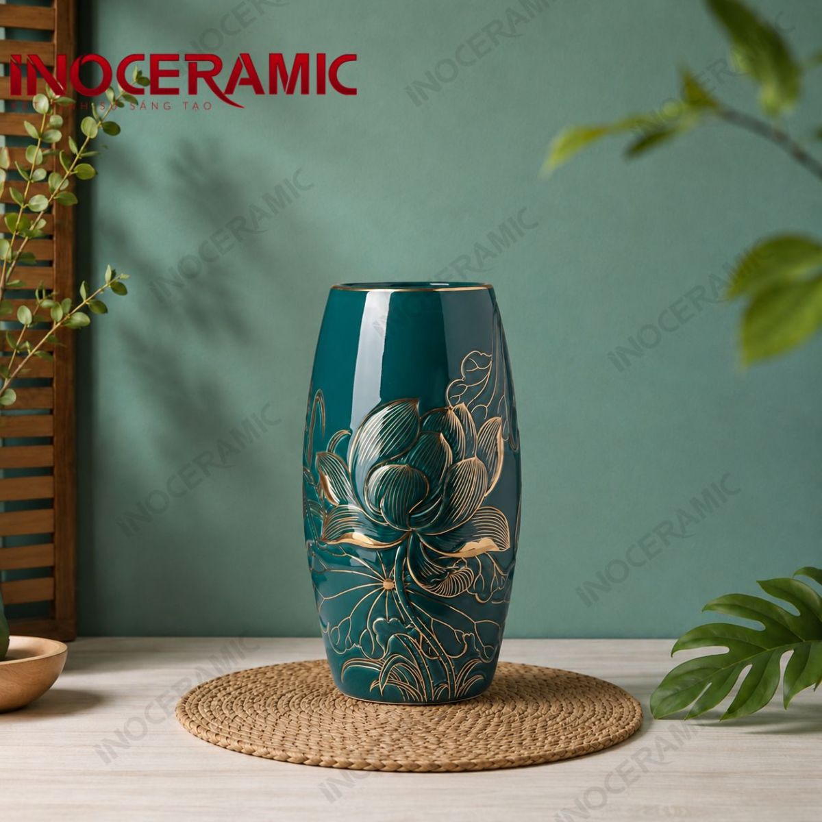 Lọ bom men lục sen đại kẻ vàng