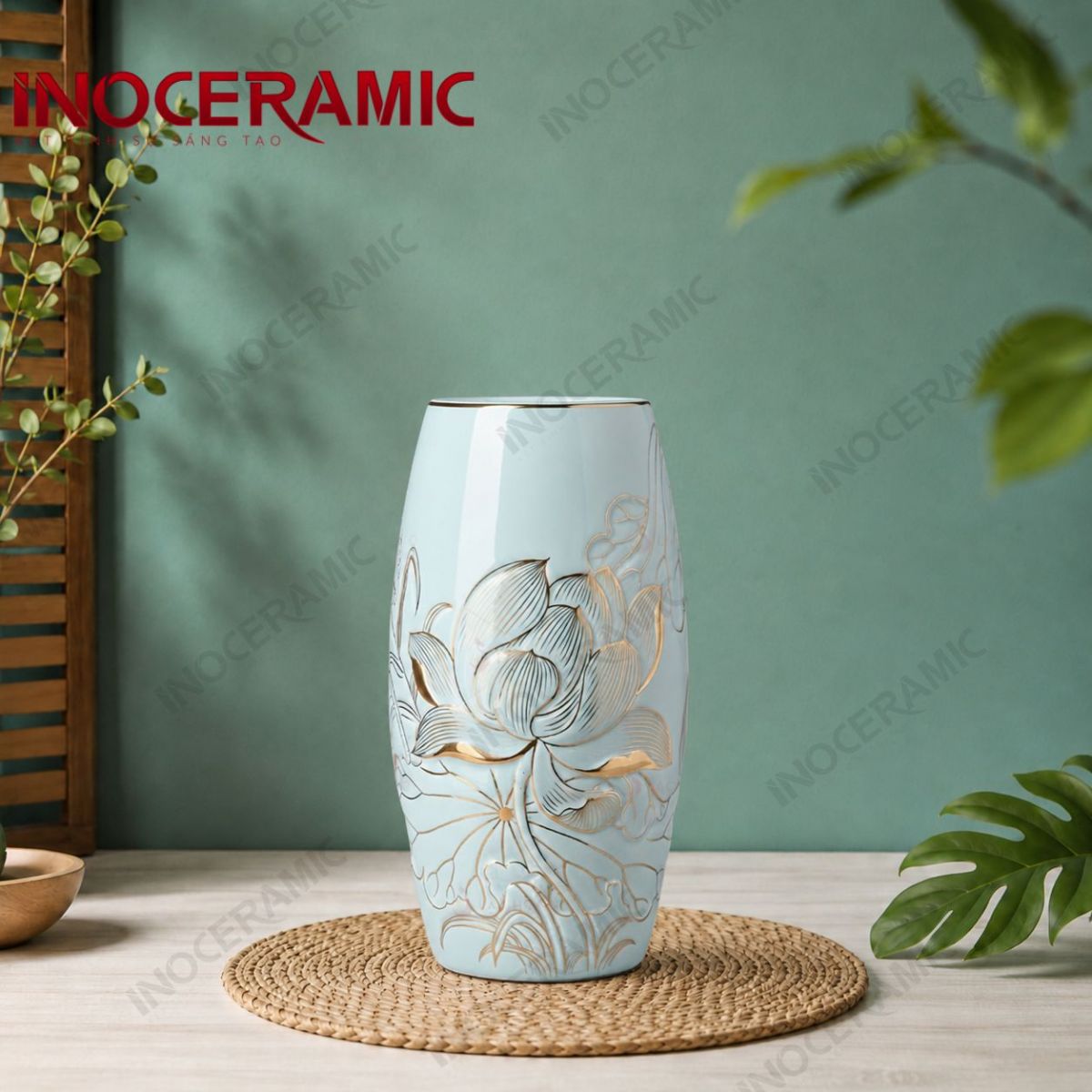 Lọ bom men ngọc sen đại kẻ vàng