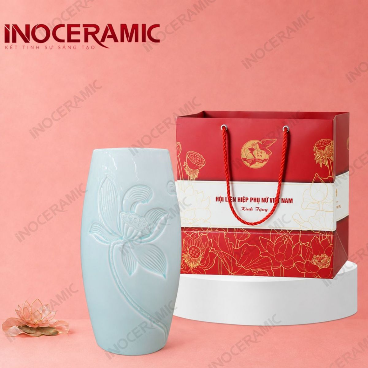 Lọ hoa bom men ngọc khắc sen - Quà tặng phụ nữ