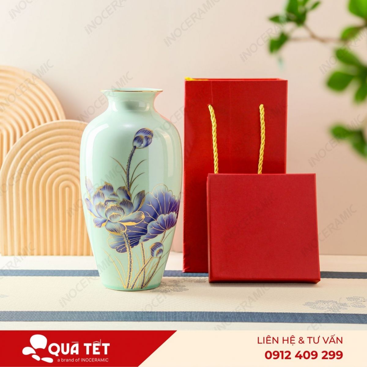 Lọ hoa Liên Hoa Kẻ Vàng men ngọc