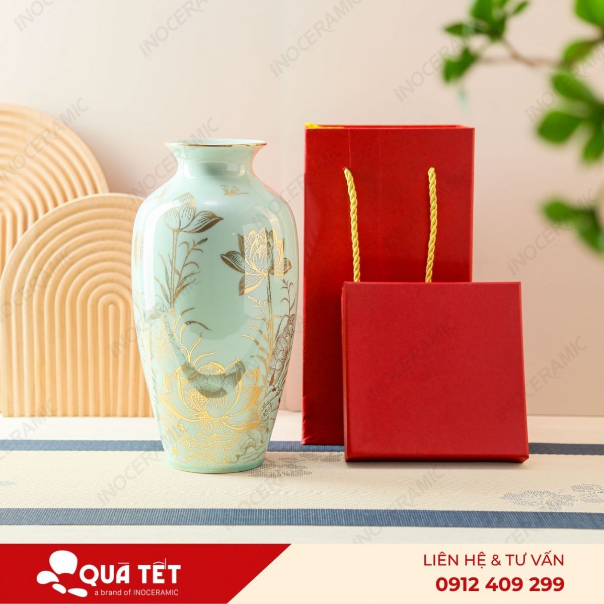 Lọ hoa Liên Hoàng Điệp Kẻ Vàng men ngọc