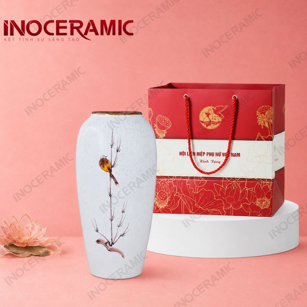 Lọ hoa men chấm chim oanh in logo - Quà tặng phụ nữ