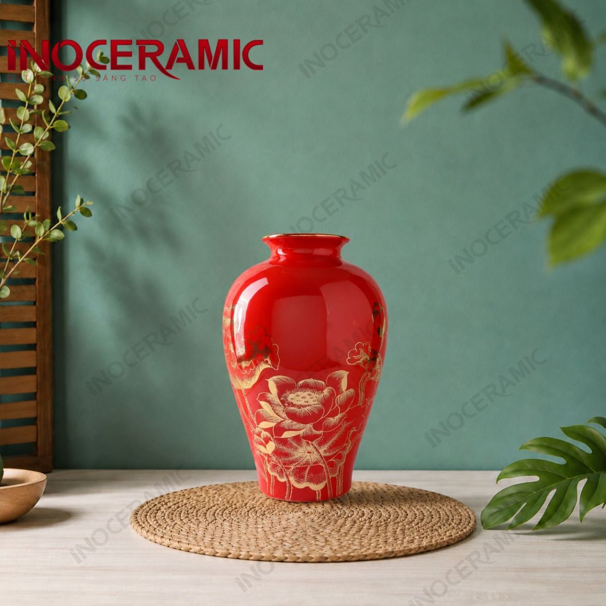 Lọ hoa men đỏ sen đại kẻ vàng