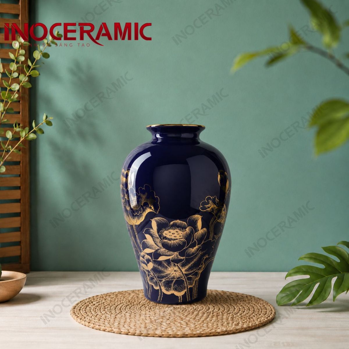 Lọ hoa men lam sen đại kẻ vàng