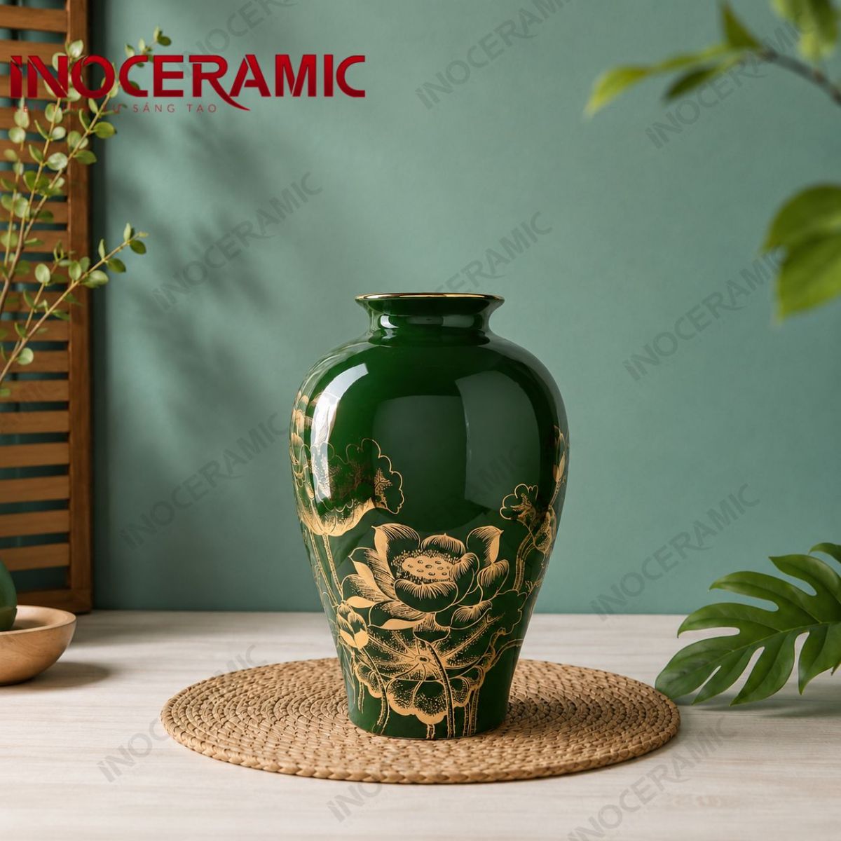 Lọ hoa men lục sen đại kẻ vàng