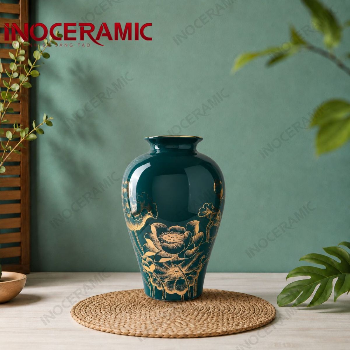 Lọ hoa men xanh cổ vịt sen đại kẻ vàng
