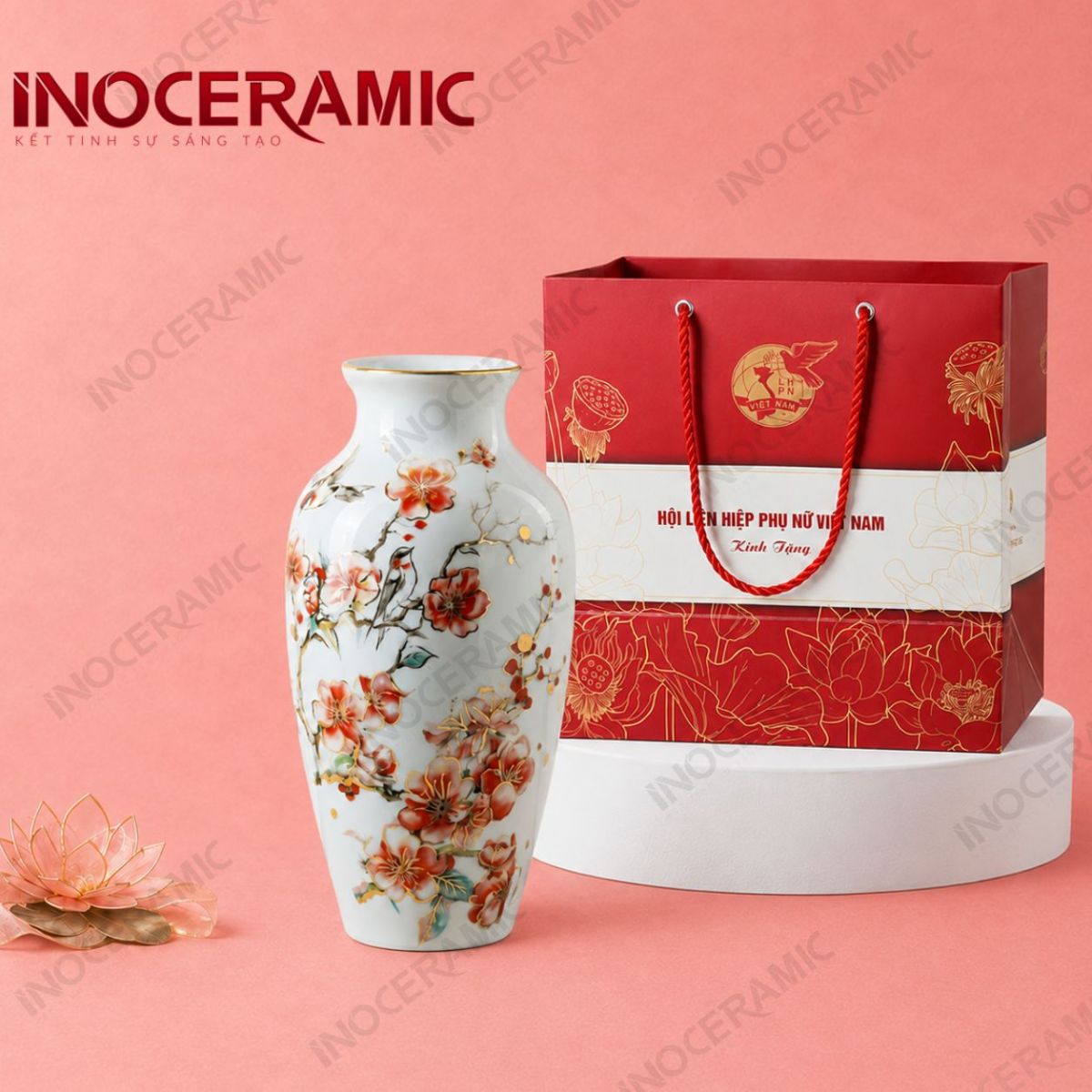 Lọ hoa Oanh Vũ Đào Hoa vẽ vàng in logo - Quà tặng phụ nữ