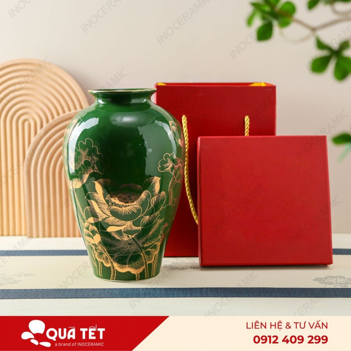 Lọ hoa Sen Đại Kẻ Vàng men lục