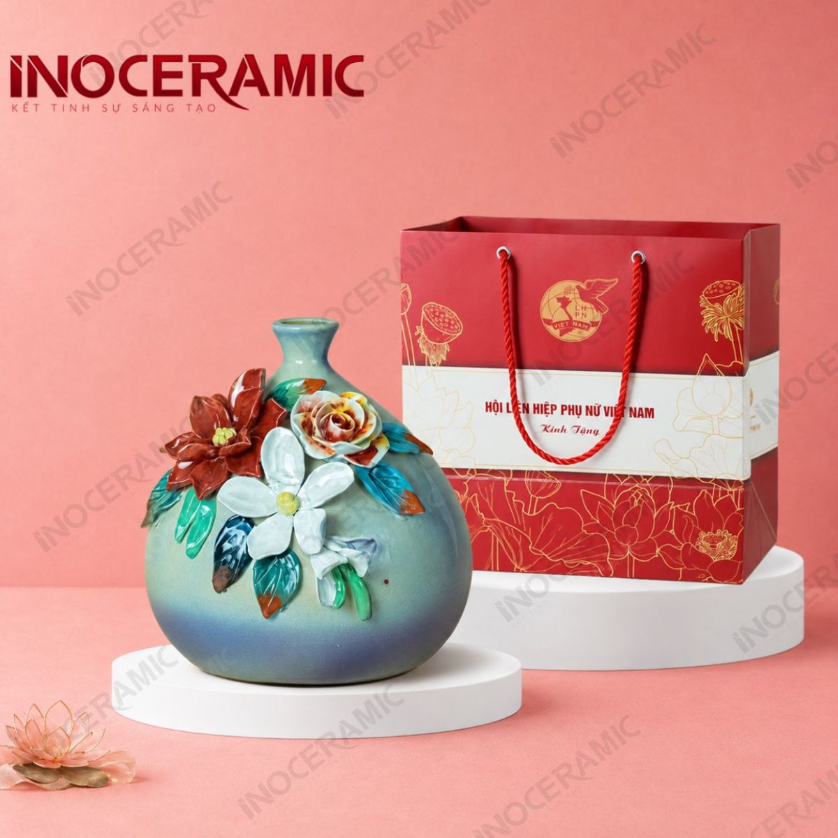 Lọ hoa túi tiền hoa đắp nổi - Quà tặng phụ nữ
