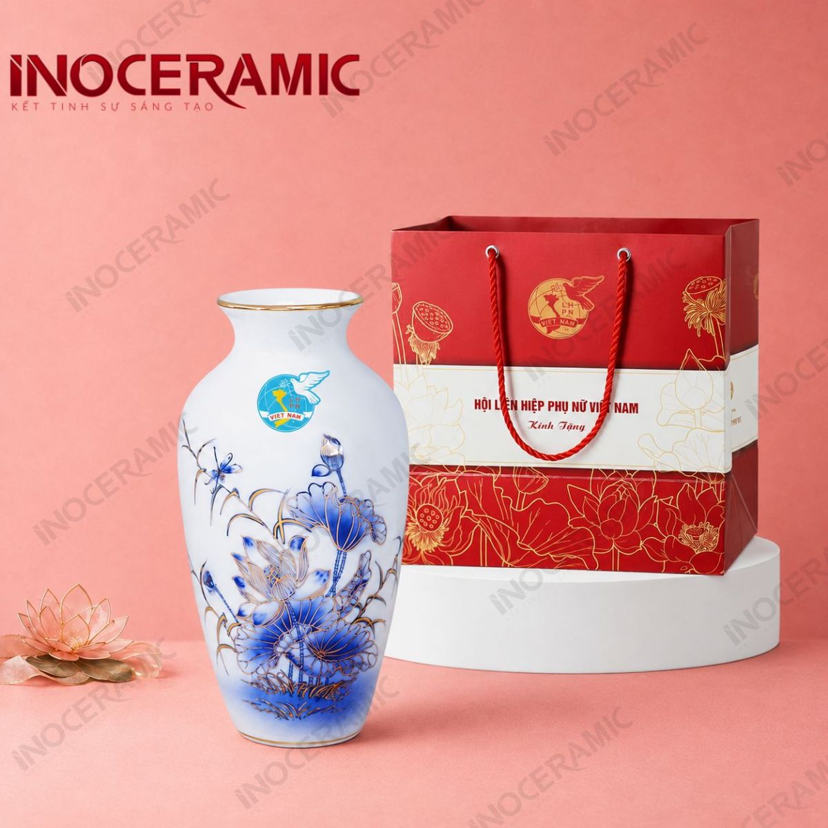 Lọ hoa vẽ sen xanh chỉ vàng - Quà tặng phụ nữ