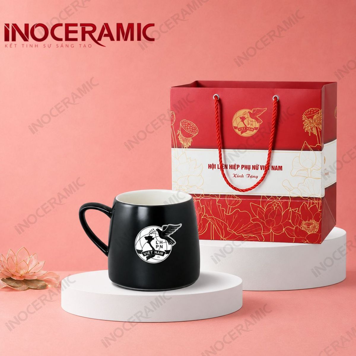 Ly sứ quai C lùn men bóng in logo - Quà tặng phụ nữ