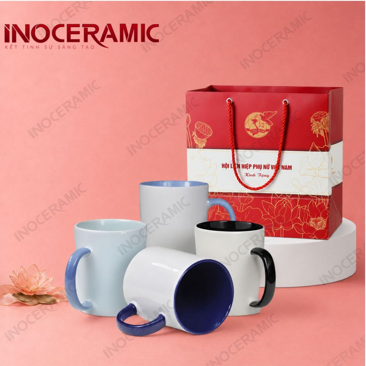 Ly sứ trụ quai C lòng màu in logo - Quà tặng phụ nữ