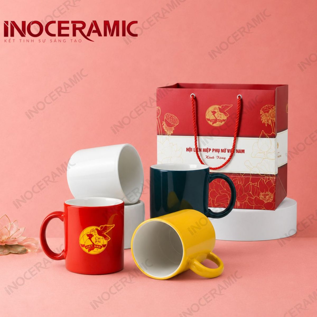 Ly trụ quai C men bóng in logo - Quà tặng phụ nữ