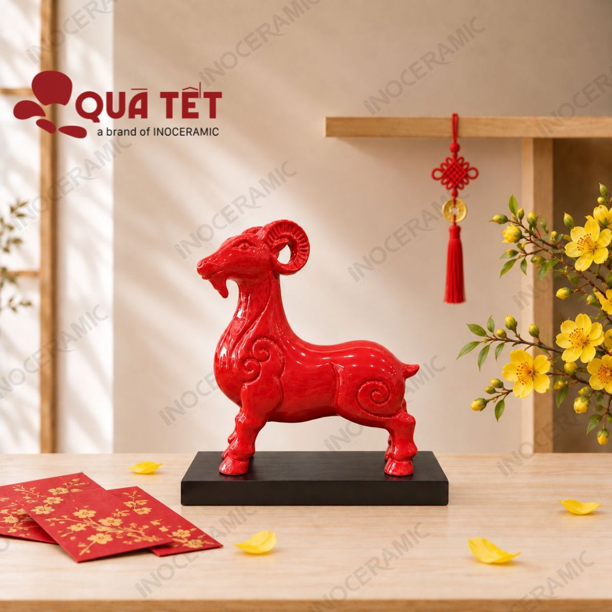 Tượng dê gốm sứ Hồng Dương Khai Vận | Quà tặng đối tác