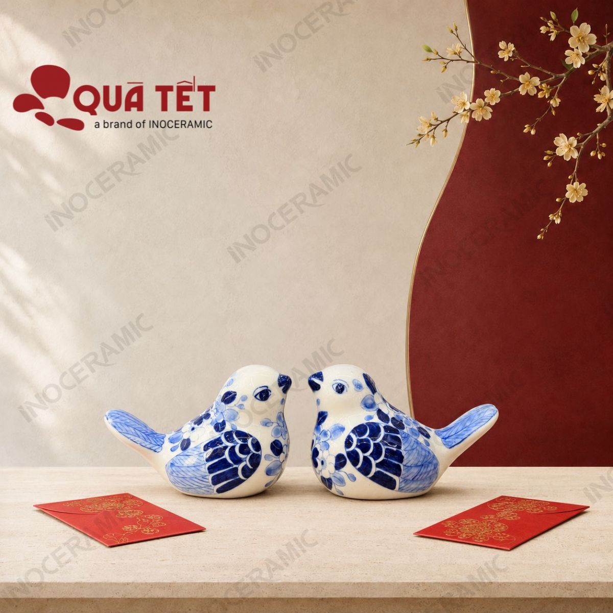 Tượng chim gốm sứ Song Điểu Cát Tường | Quà tặng doanh nghiệp