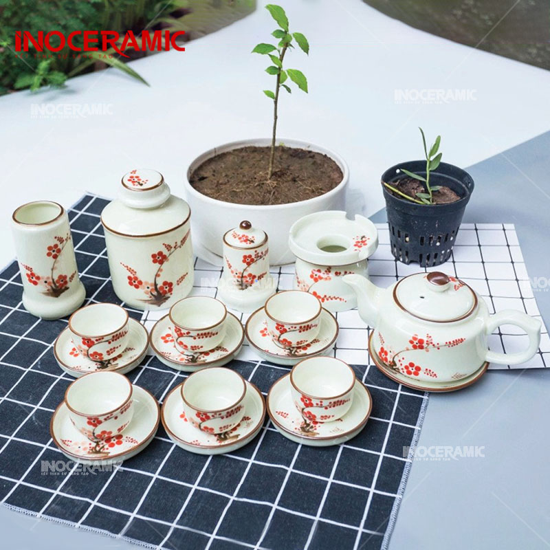 Bộ trà cao cấp full phụ kiện bằng gốm sứ Bát Tràng độc bản in logo tại INOCERAMIC
