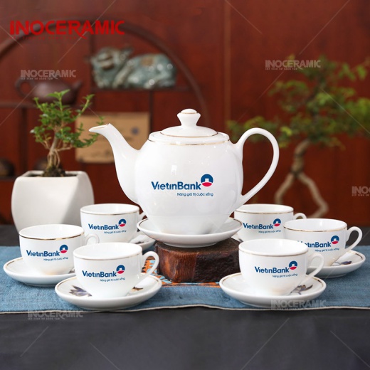 Sản xuất ấm chén in logo Vietinbank số lượng lớn phục vụ hội nghị