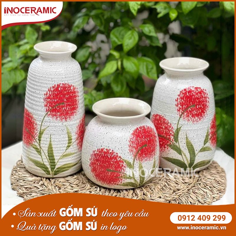 Bình hoa gốm sứ vẽ tay cao cấp tráng men bóng khử chì an toàn