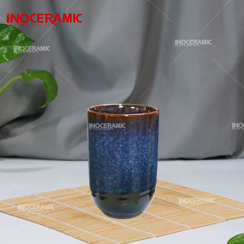 Cốc tách sứ tráng men hỏa biến sắc xanh đại dương bóng bẩy sành điệu