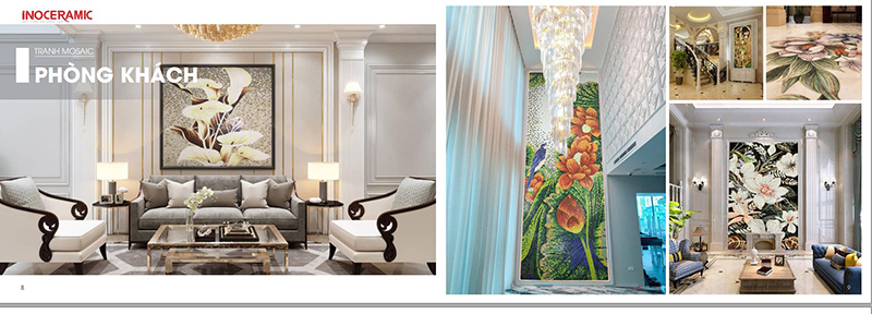 Bức tranh mosaic gốm Bát Tràng ốp tường đại sảnh resort mang phong cách hiện đại lôi cuốn