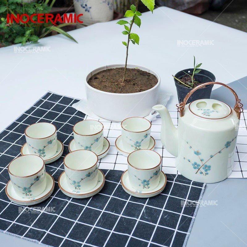 Bộ Ấm Tích Men Kem Vẽ Hoa Đào Xanh