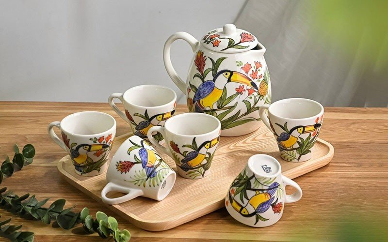 Bộ Bình Nước Vẽ Tay Chim Vẹt - Bình sứ đựng nước Bát Tràng
