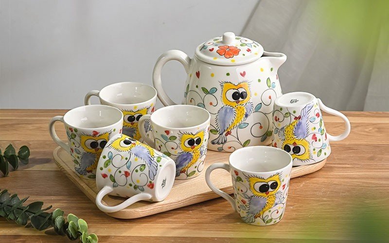 Bộ Bình Nước Vẽ Tay Chim Cú Mèo - Bình sứ đựng nước Bát Tràng