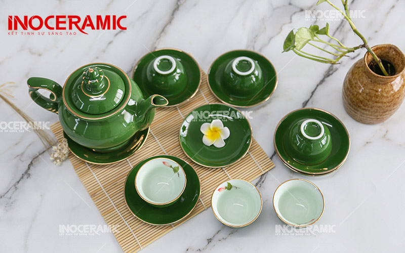 Bộ Trà Đài Cát Men Xanh Ngọc Vẽ Sen - Gốm sứ Bát Tràng