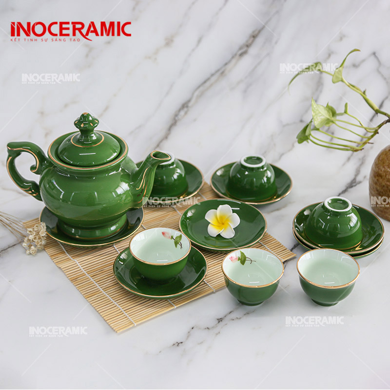 Bộ Trà Đài Cát Men Xanh Ngọc Vẽ Sen