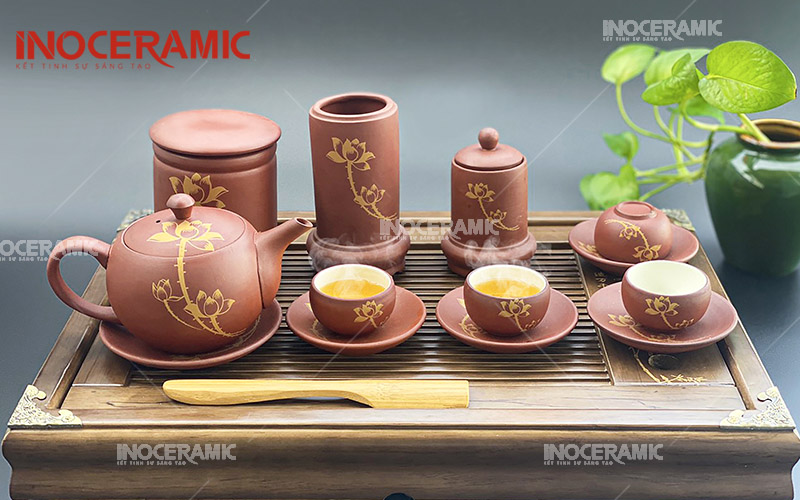 Bộ Trà Hồng Sa Sen Vàng - Gốm sứ Bát Tràng