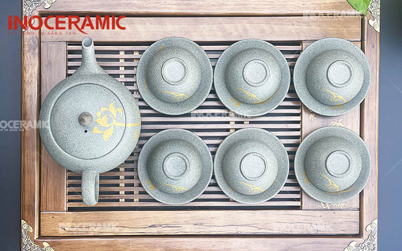 Bộ Trà Hồng Sa Xám Sen Vàng - Gốm sứ Bát Tràng