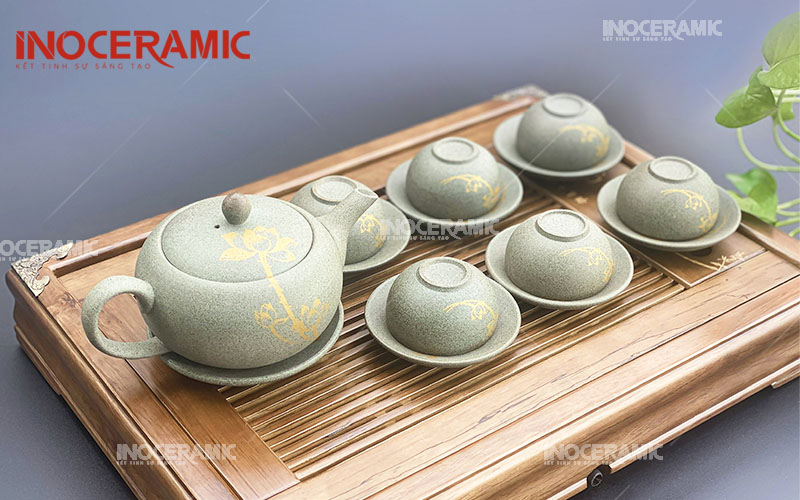 Bộ Trà Hồng Sa Xám Sen Vàng - Gốm sứ Bát Tràng