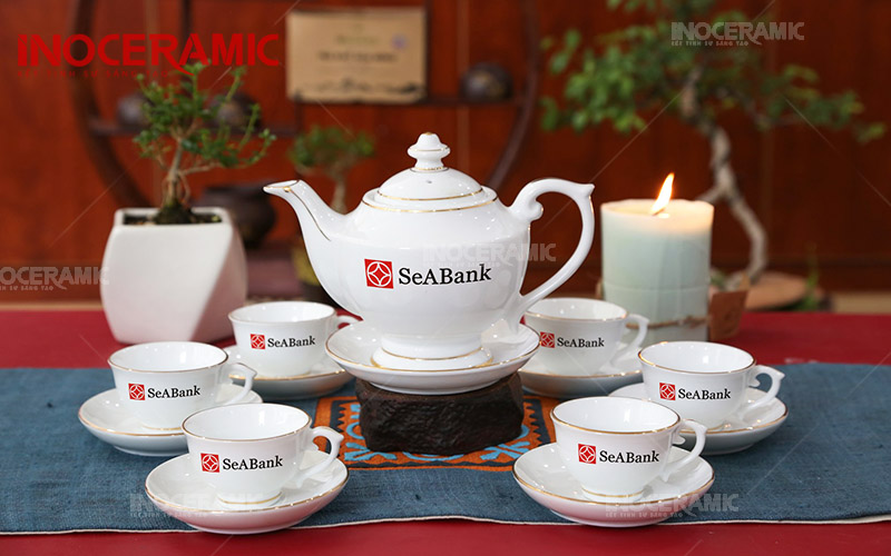 Bộ Trà In Logo SeABank - Ấm chén in logo Bát Tràng