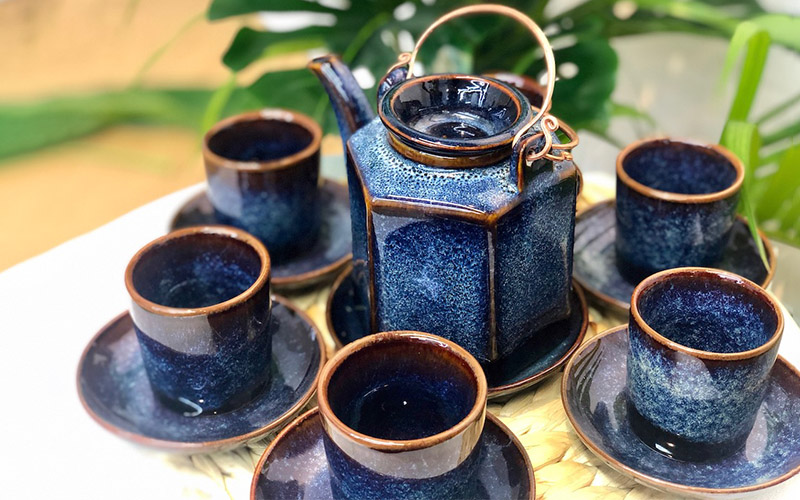 Bộ Trà Lục Giác Men Xanh Hỏa Biến - Gốm sứ Bát Tràng