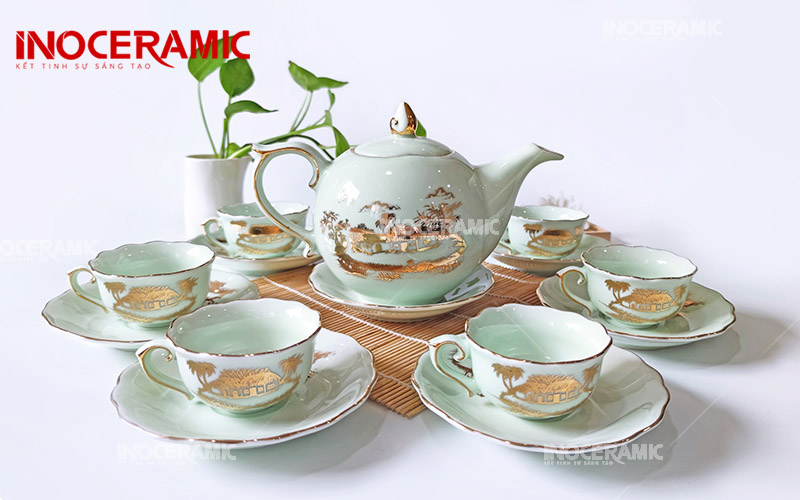 Bộ Trà Mẫu Đơn Men Trắng Ngọc Hào Gia Phú Quý - Bát Tràng