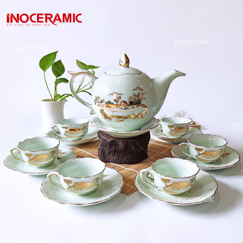 Bộ Trà Mẫu Đơn Men Trắng Ngọc Hào Gia Phú Quý