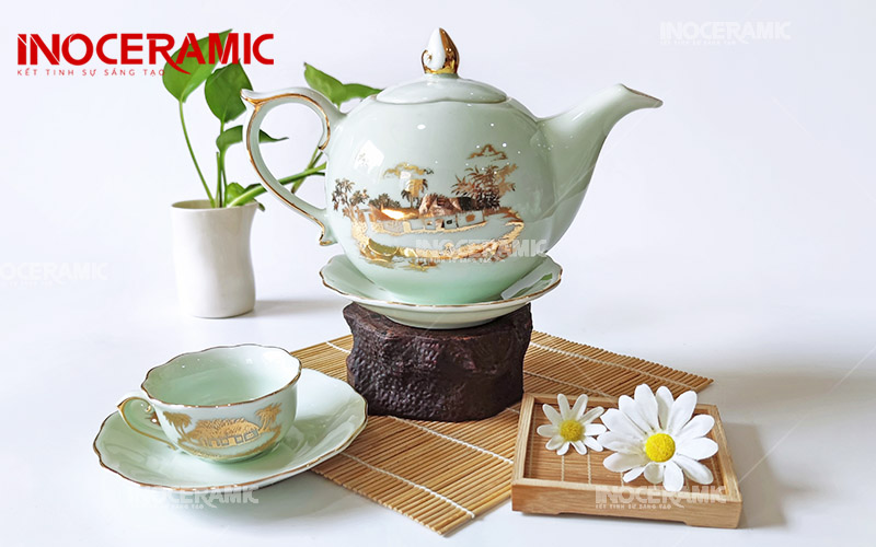 Bộ Trà Mẫu Đơn Men Trắng Ngọc Hào Gia Phú Quý - Bát Tràng