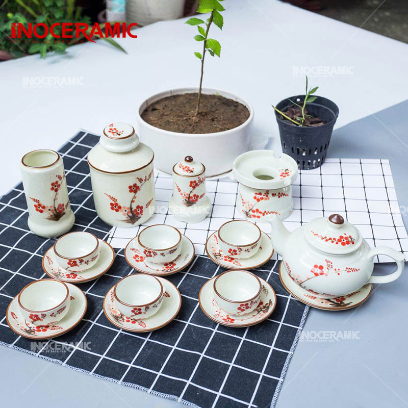 Bộ Trà Men Kem Vẽ Hoa Đào Đỏ