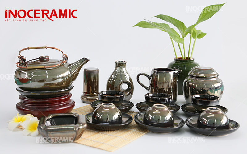 Bộ Trà Quả Hồng Ghi Vàng - Ấm chén men hỏa biến Bát Tràng