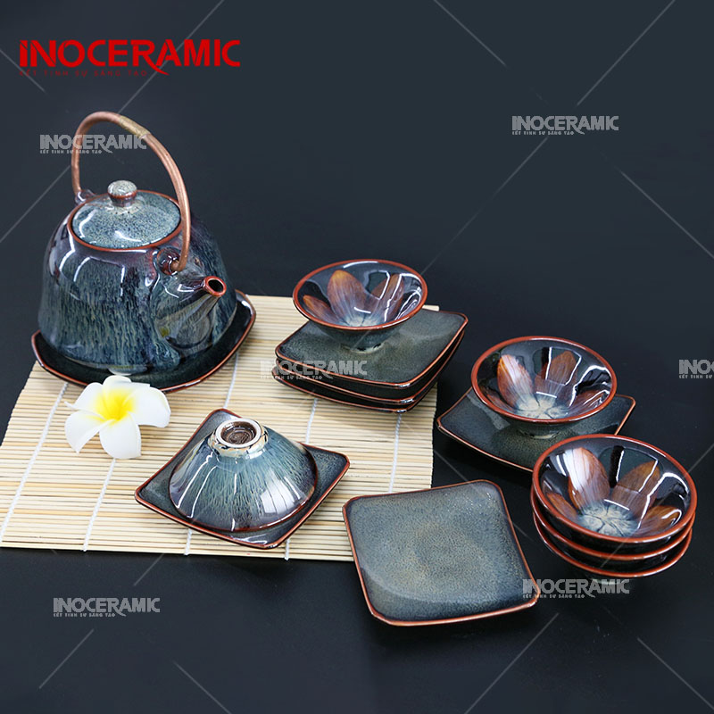 Bộ Trà Quai Đồng Men Xanh Hỏa Biến 3